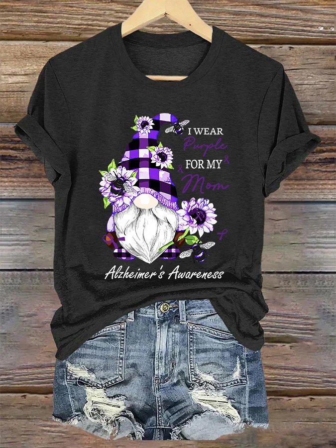 WEAR Purpley FOR MY FOR MY MOM Alzheimer's Awareness Casual Text Letters Crew Neck T-Shirt