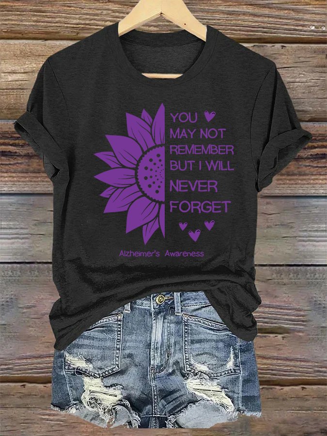 You may not remember but i will never forget Alzheimers Awareness Simple Crew Neck T-Shirt