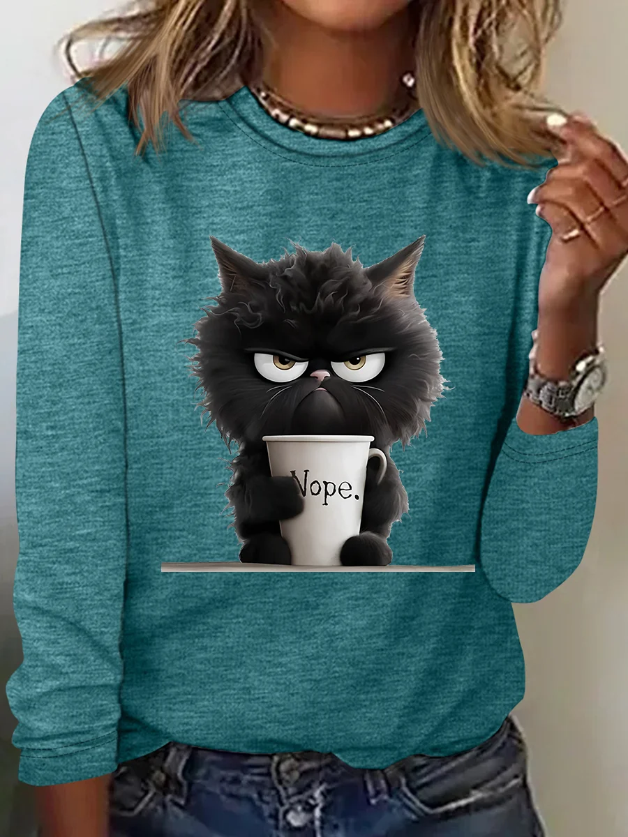 Funny Cat Nope Casual Long Sleeve Shirt