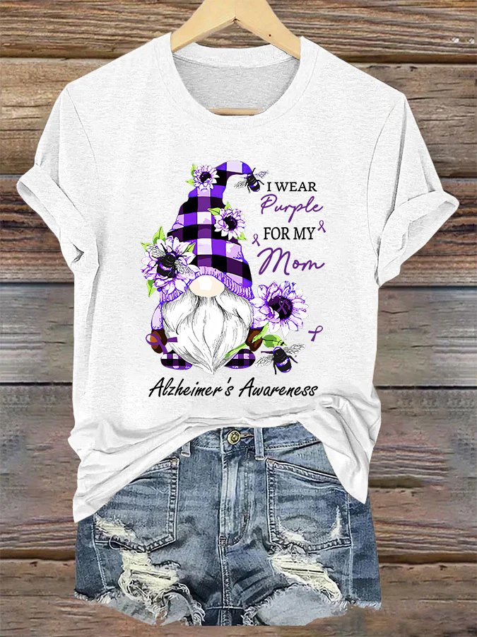 WEAR Purpley FOR MY FOR MY MOM Alzheimer's Awareness Casual Text Letters Crew Neck T-Shirt