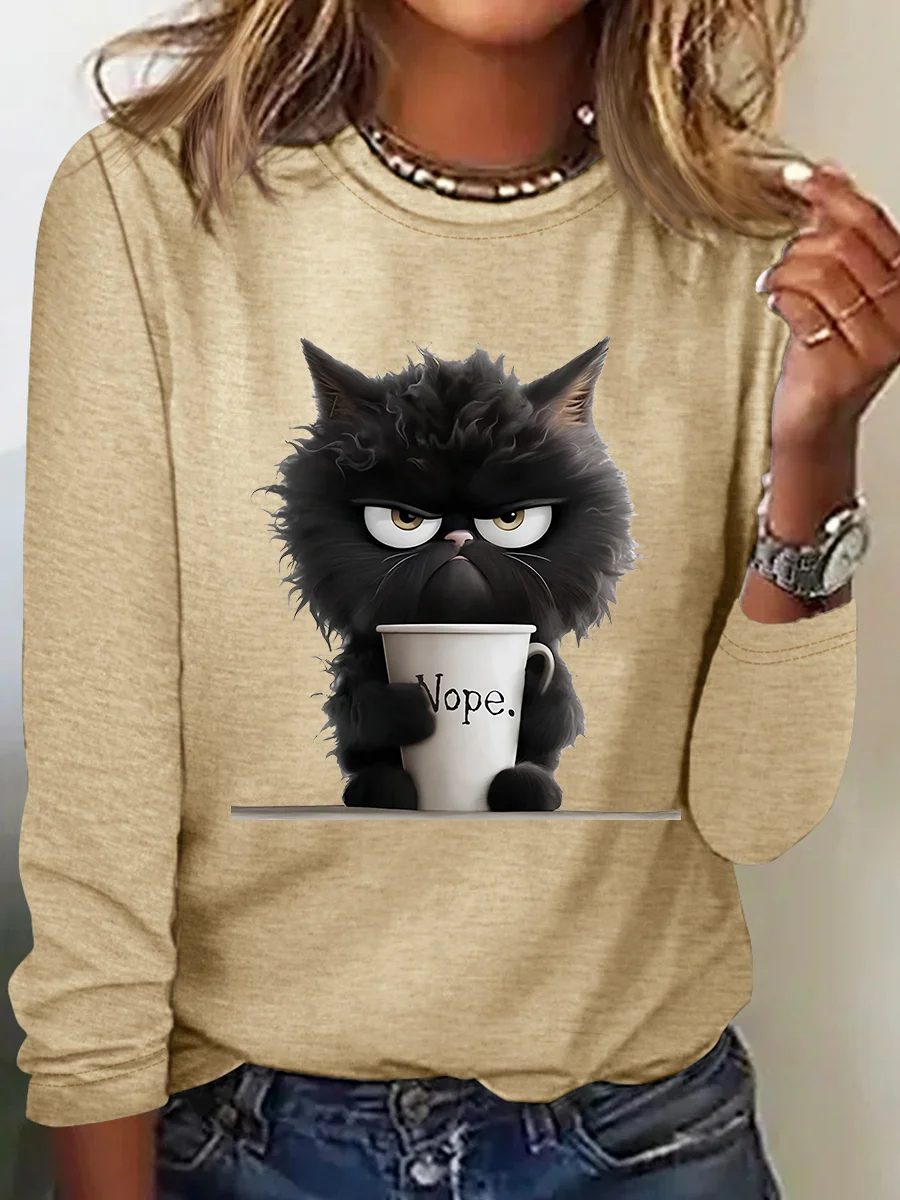 Funny Cat Nope Casual Long Sleeve Shirt