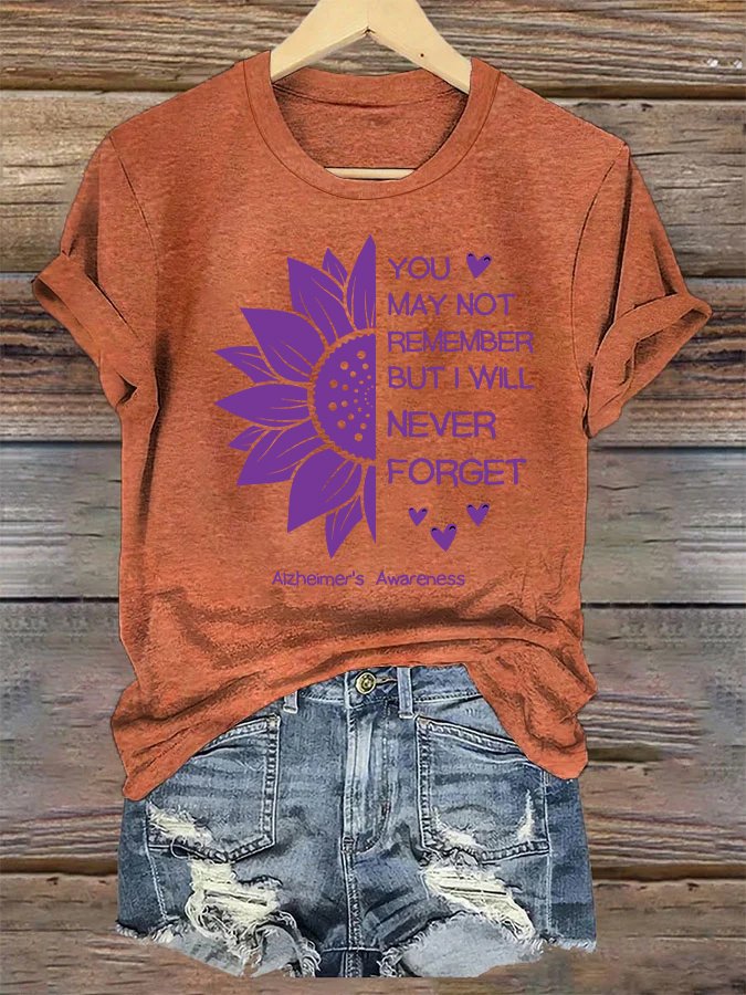 You may not remember but i will never forget Alzheimers Awareness Simple Crew Neck T-Shirt