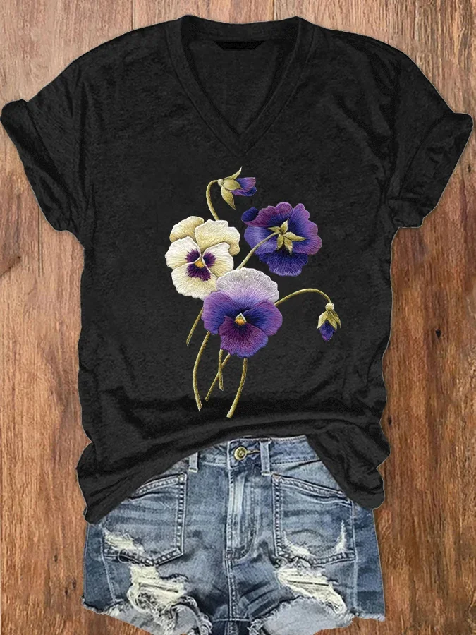 Women's Alzheimer's Awareness Purple Floral Print V-Neck T-Shirt