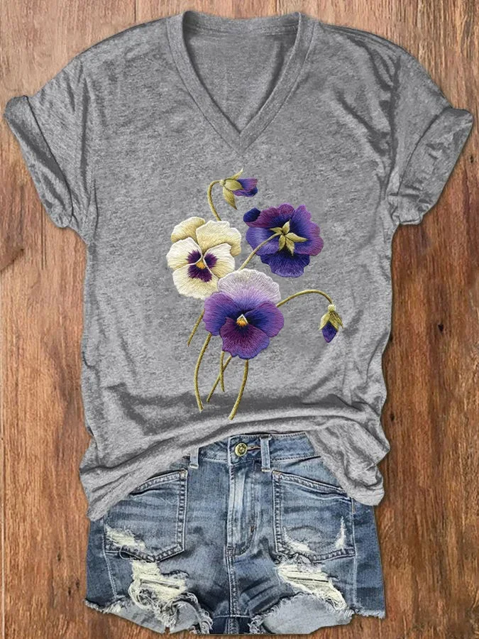 Women's Alzheimer's Awareness Purple Floral Print V-Neck T-Shirt