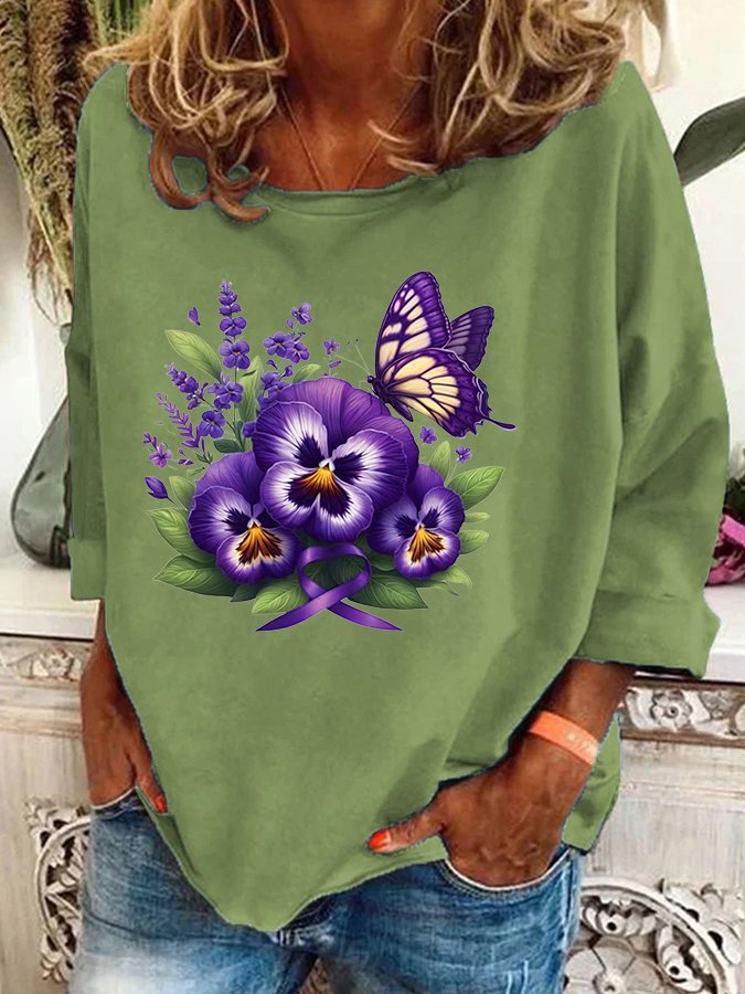 Alzheimer's Awareness Purple Floral Print  Casual Sweatshirt