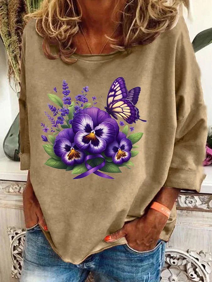 Alzheimer's Awareness Purple Floral Print  Casual Sweatshirt