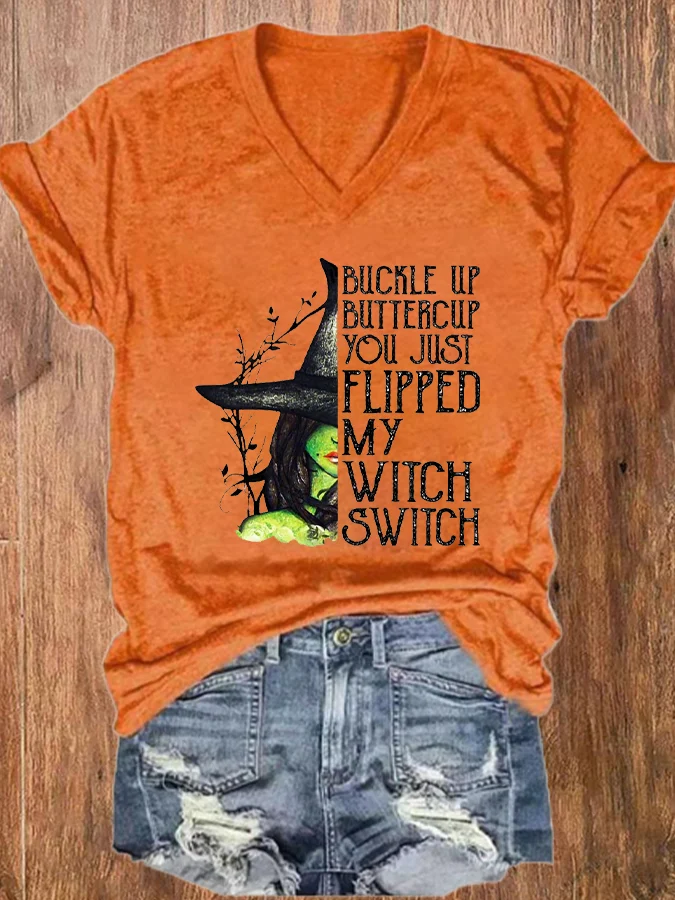 Women's Halloween Buckle Up Buttercup You Just Flipped My Witch Switch Casual T-Shirt