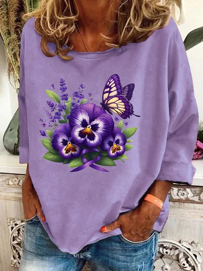 Alzheimer's Awareness Purple Floral Print  Casual Sweatshirt