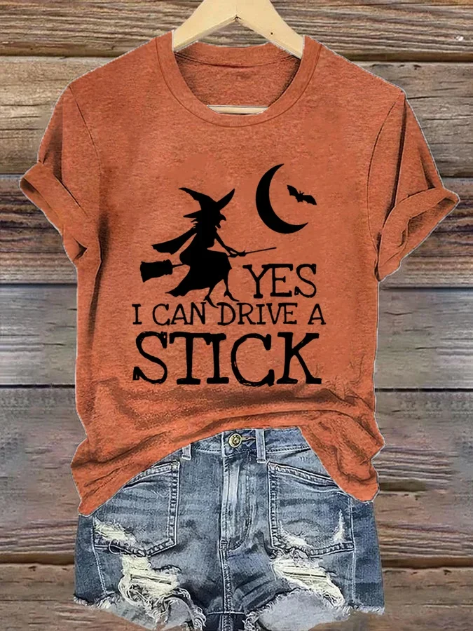 Women's Yes I Can Drive A Stick Halloween Witch Print Casual T-Shirt