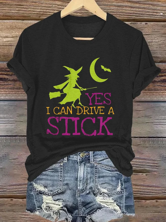 Women's Yes I Can Drive A Stick Halloween Witch Print Casual T-Shirt