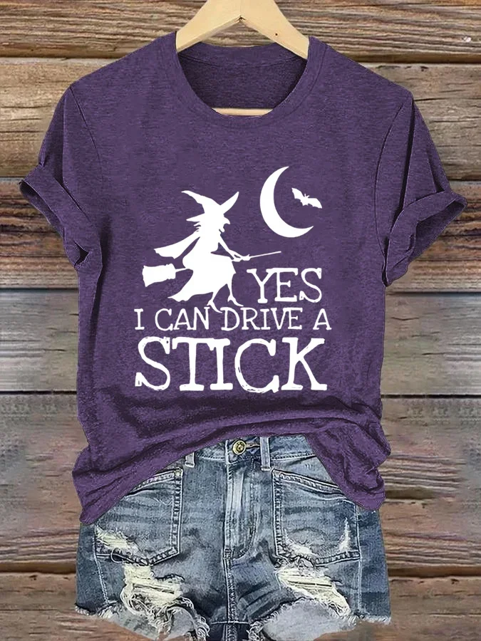 Women's Yes I Can Drive A Stick Halloween Witch Print Casual T-Shirt