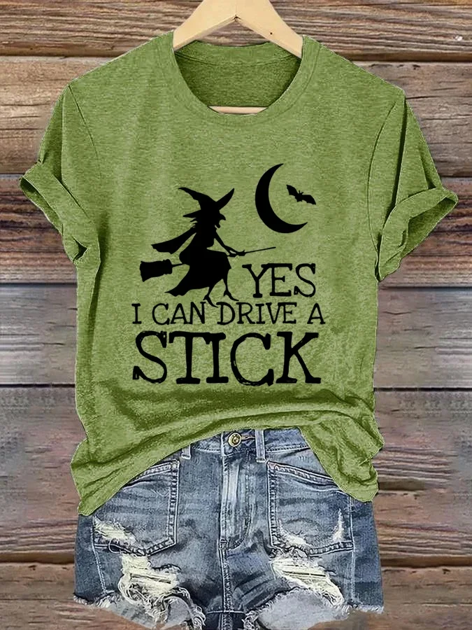 Women's Yes I Can Drive A Stick Halloween Witch Print Casual T-Shirt