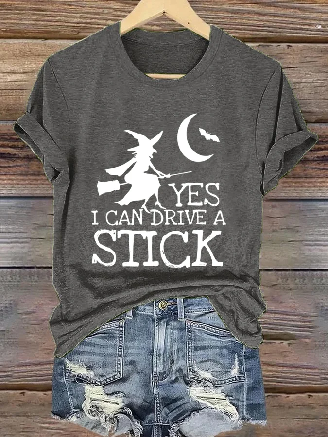 Women's Yes I Can Drive A Stick Halloween Witch Print Casual T-Shirt