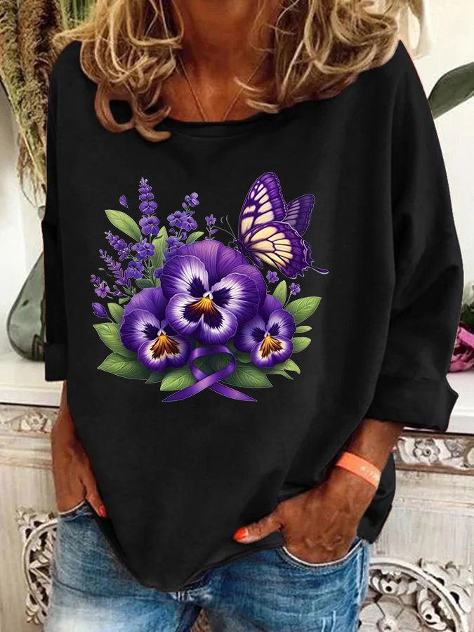 Alzheimer's Awareness Purple Floral Print  Casual Sweatshirt