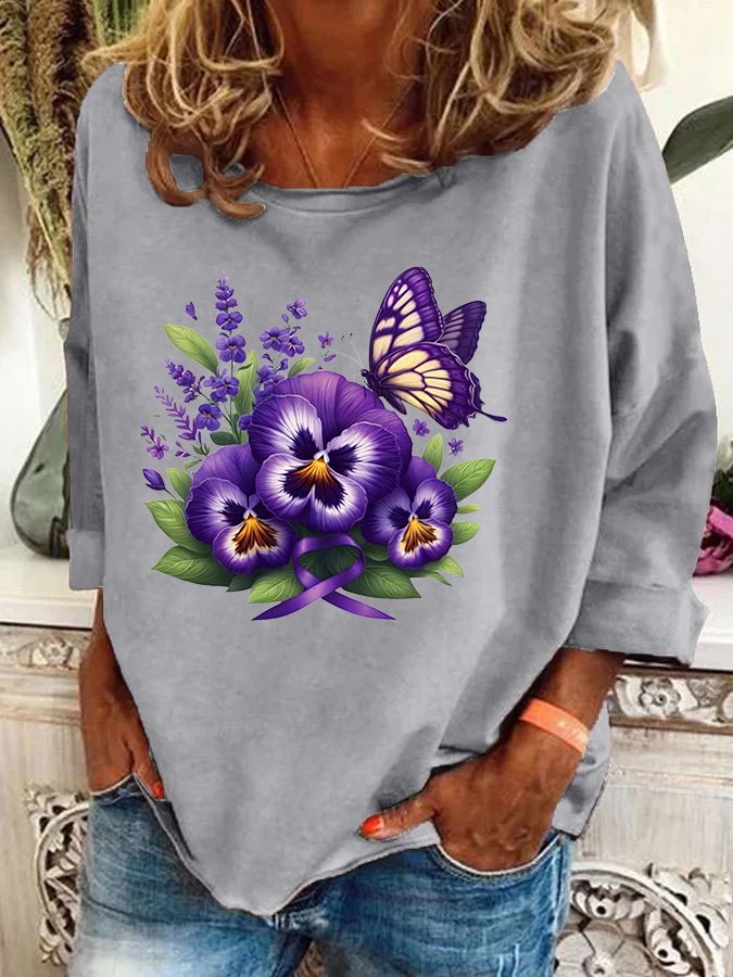 Alzheimer's Awareness Purple Floral Print  Casual Sweatshirt