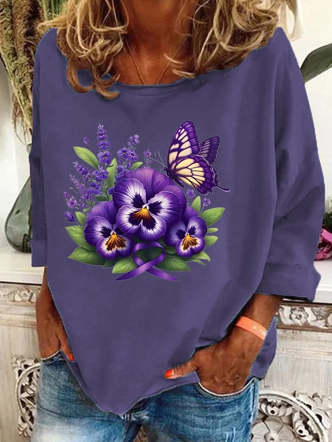 Alzheimer's Awareness Purple Floral Print  Casual Sweatshirt