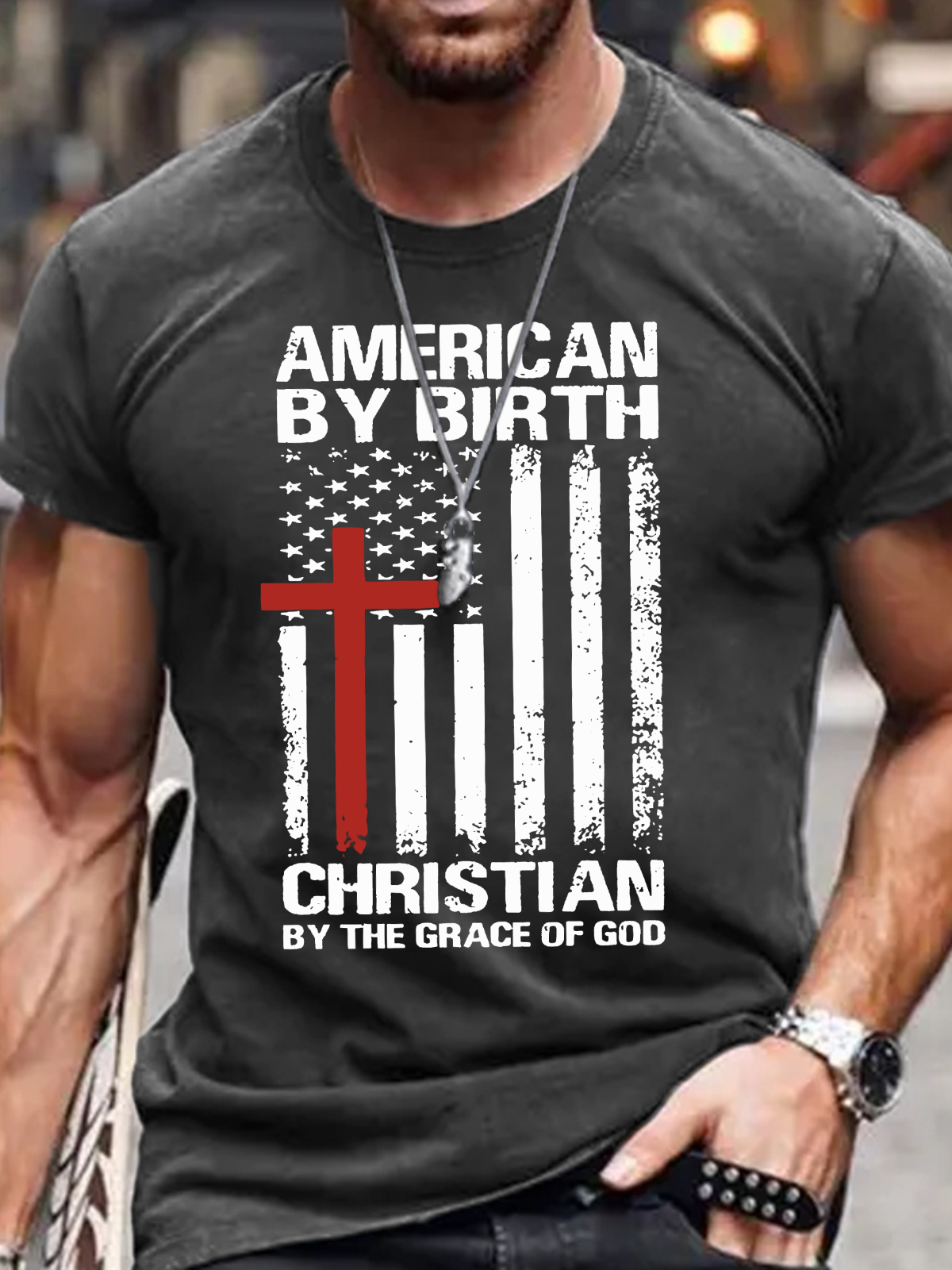 American By Birth Christian By The Grace Of God Independence Day American Flag Cross Cotton T-Shirt