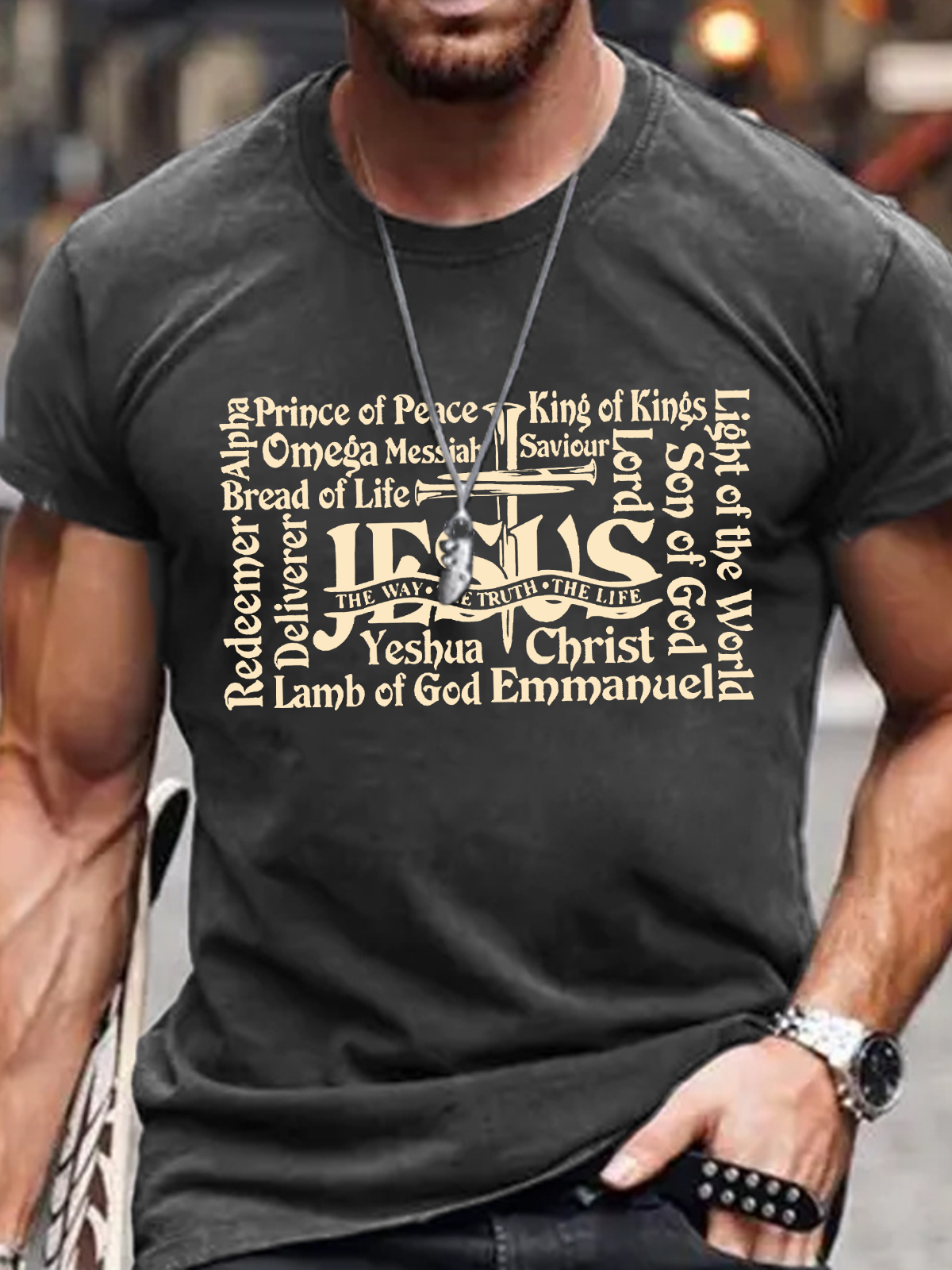 Men's Retro Distressed Rolled Design Faith Print Cotton T-Shirt