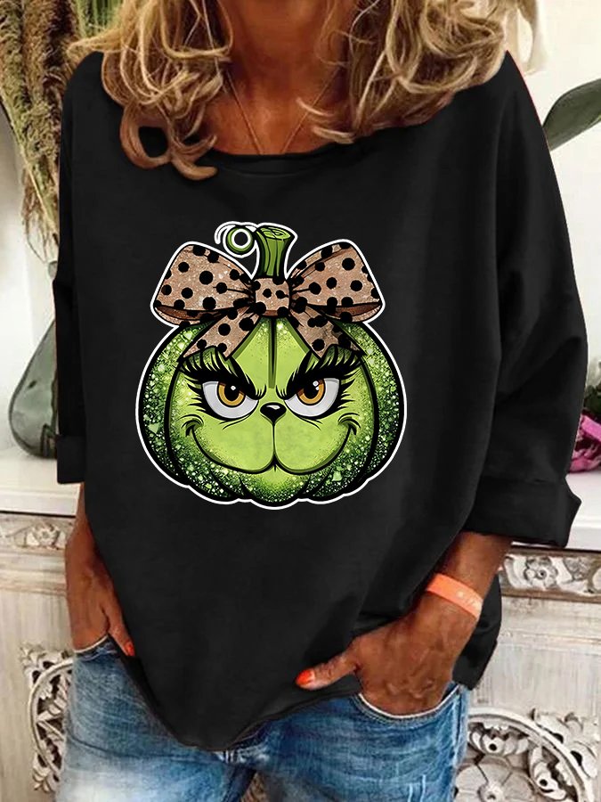 Pumpkin Grinch Leopard Coquette Bow Casual Sweatshirt