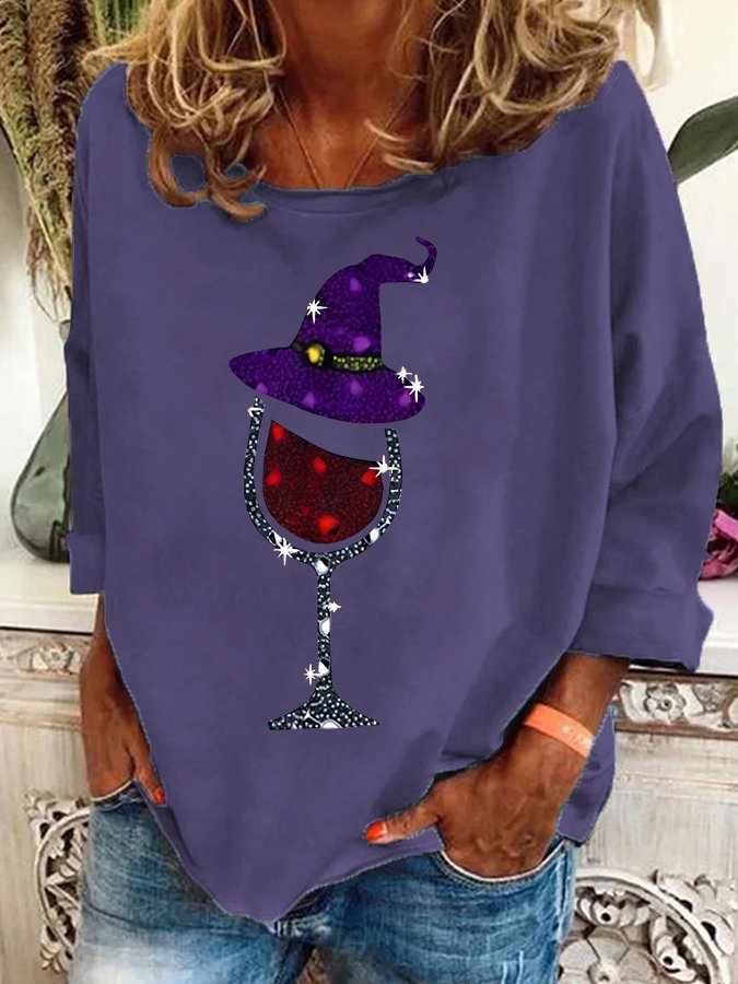 Witch and Wine Glass Print Casual Sweatshirt