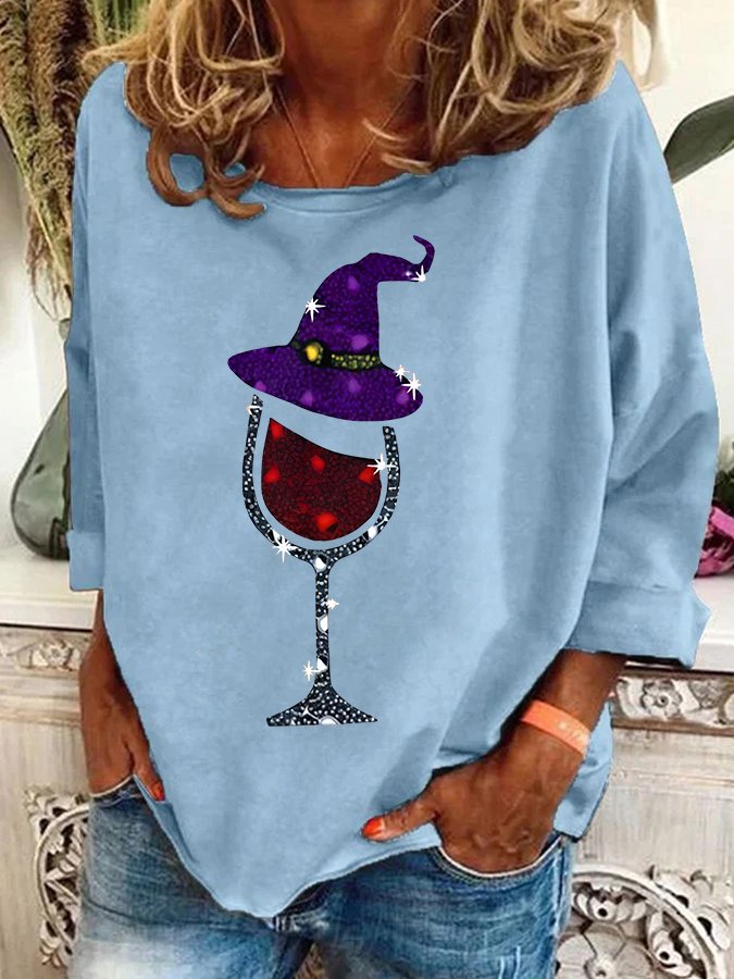 Witch and Wine Glass Print Casual Sweatshirt