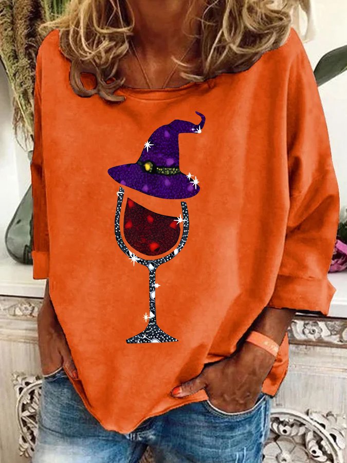 Witch and Wine Glass Print Casual Sweatshirt