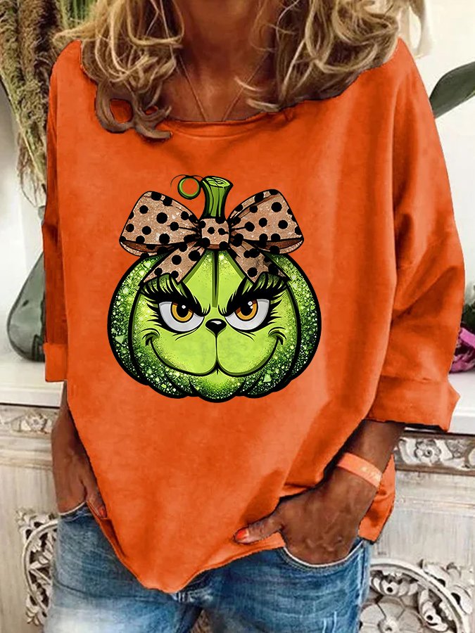 Pumpkin Grinch Leopard Coquette Bow Casual Sweatshirt