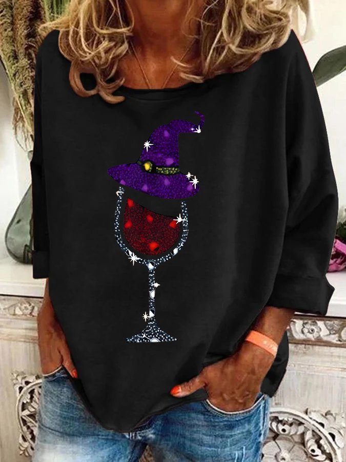 Witch and Wine Glass Print Casual Sweatshirt