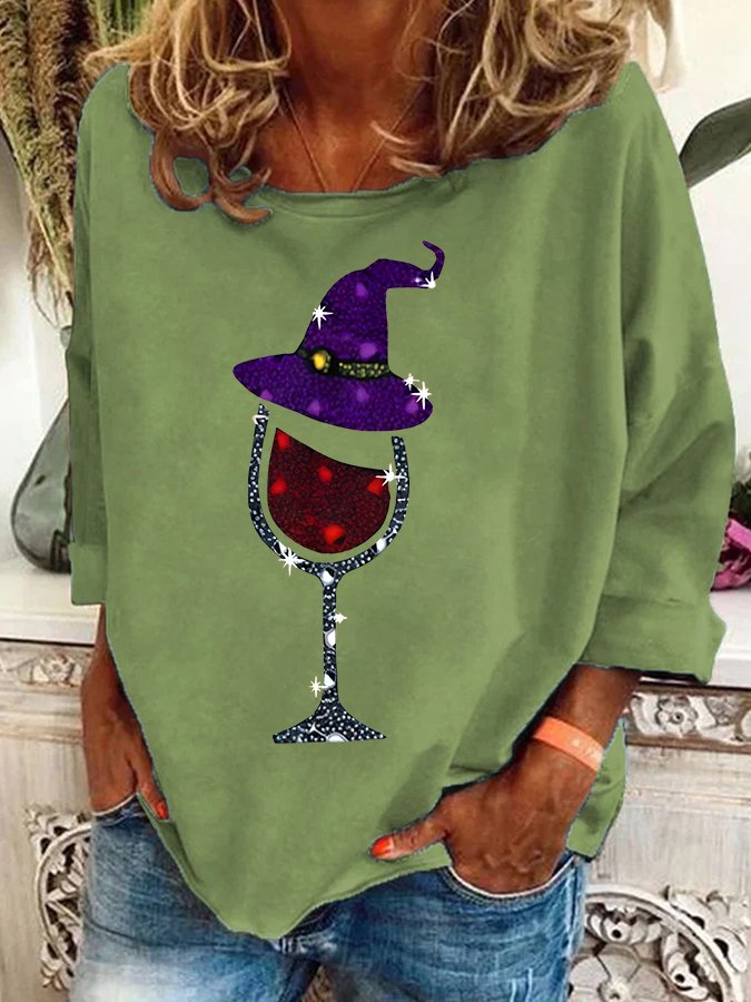 Witch and Wine Glass Print Casual Sweatshirt