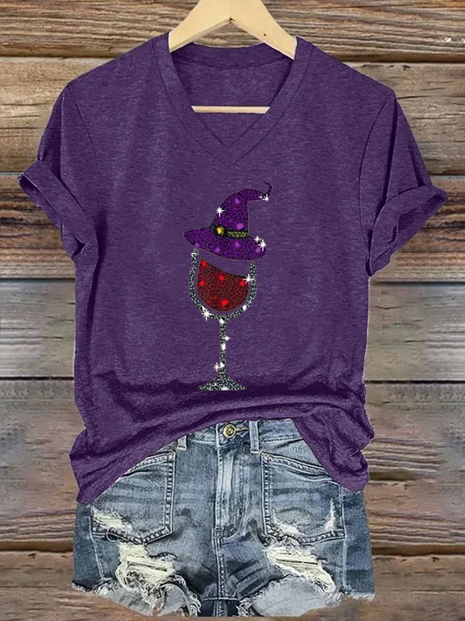 Women's Witch and Wine Glass Print T-Shirt