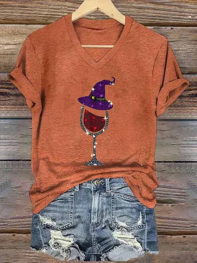 Women's Witch and Wine Glass Print T-Shirt