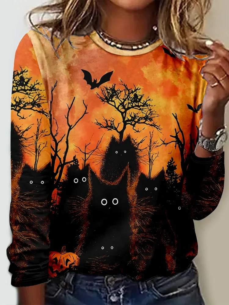 Halloween Cat Crew Neck Casual Cat Regular Fit Long Sleeve Shirt