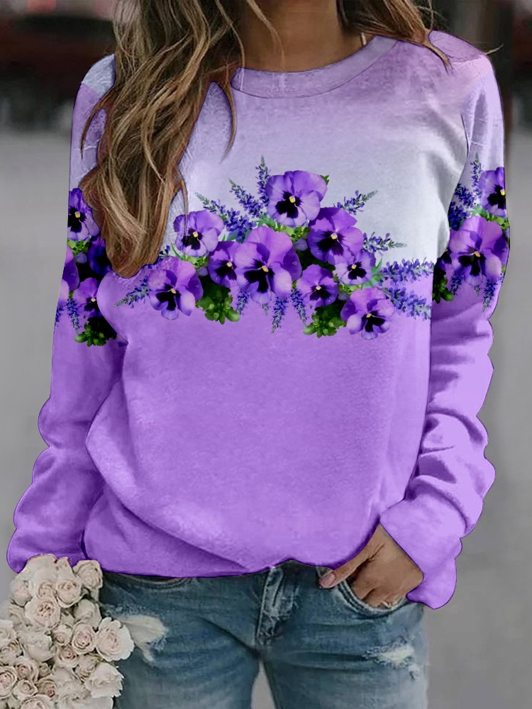 Alzheimer's Loose Purple Floral Crew Neck Casual Sweatshirt