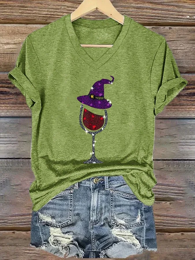 Women's Witch and Wine Glass Print T-Shirt