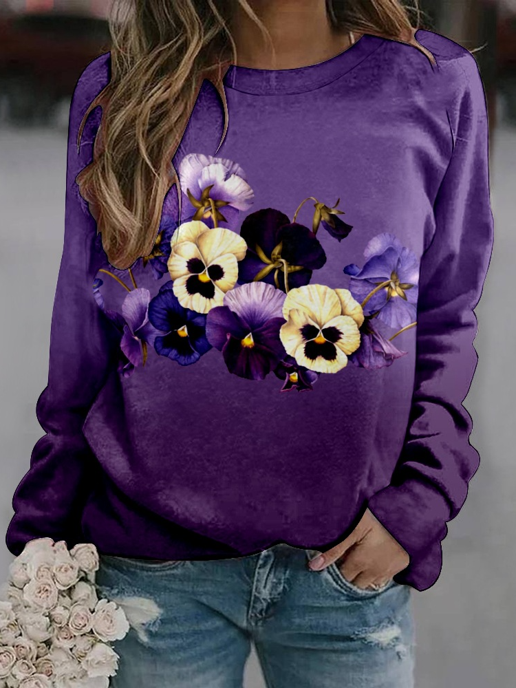 Alzheimer's Crew Neck Loose Purple Floral Casual Sweatshirt