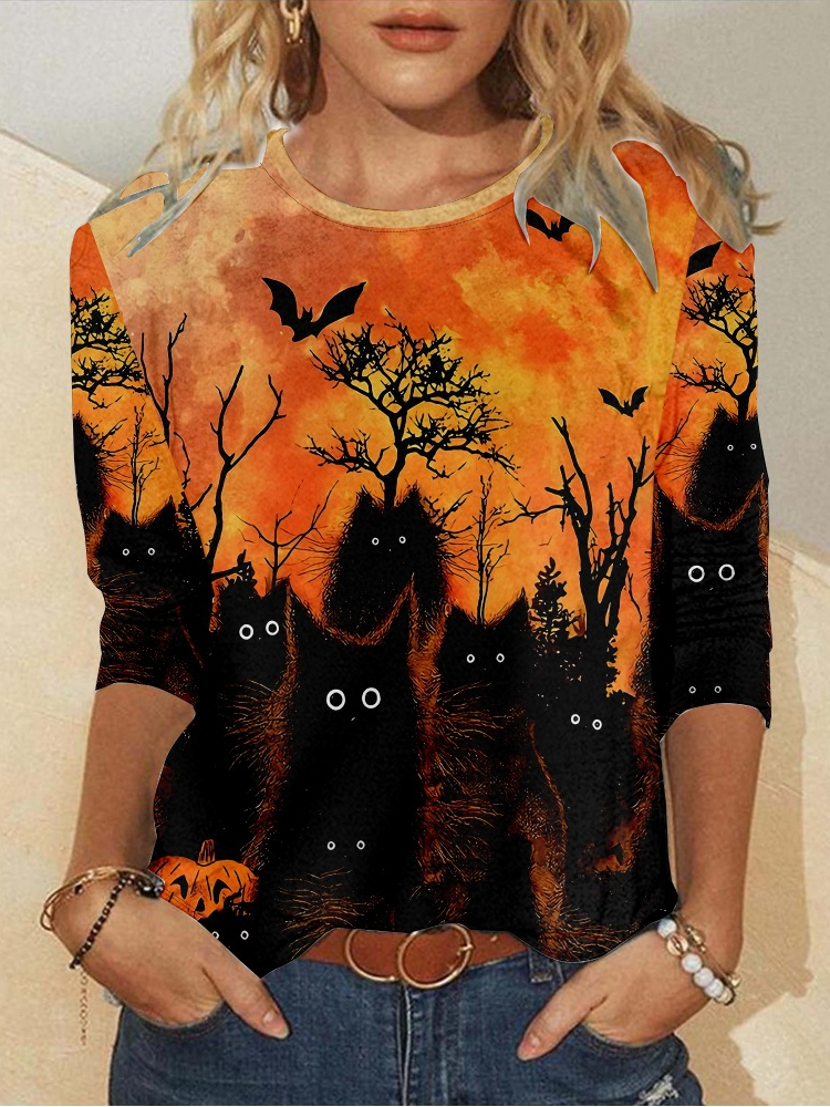 Halloween Cat Crew Neck Casual Cat Regular Fit Long Sleeve Shirt