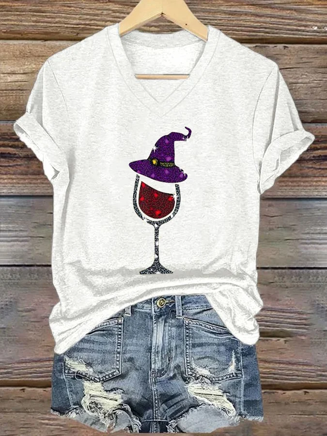 Women's Witch and Wine Glass Print T-Shirt