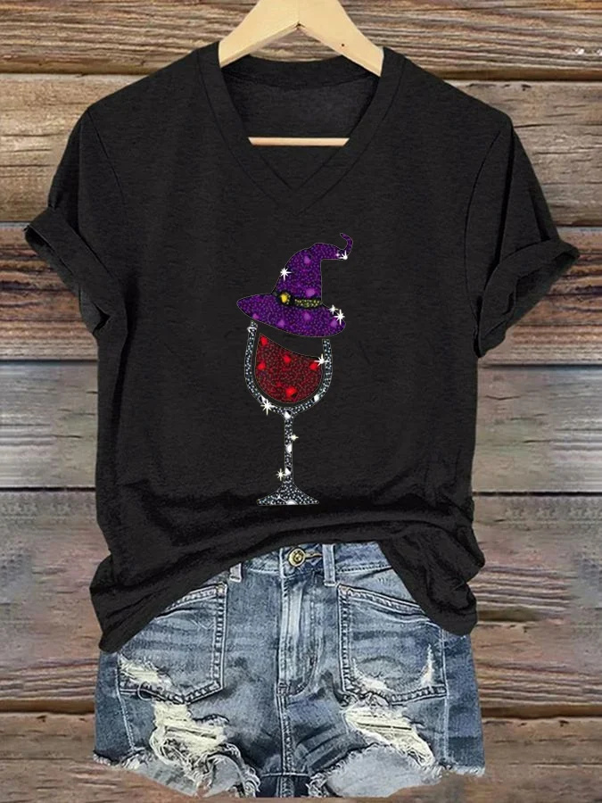 Women's Witch and Wine Glass Print T-Shirt