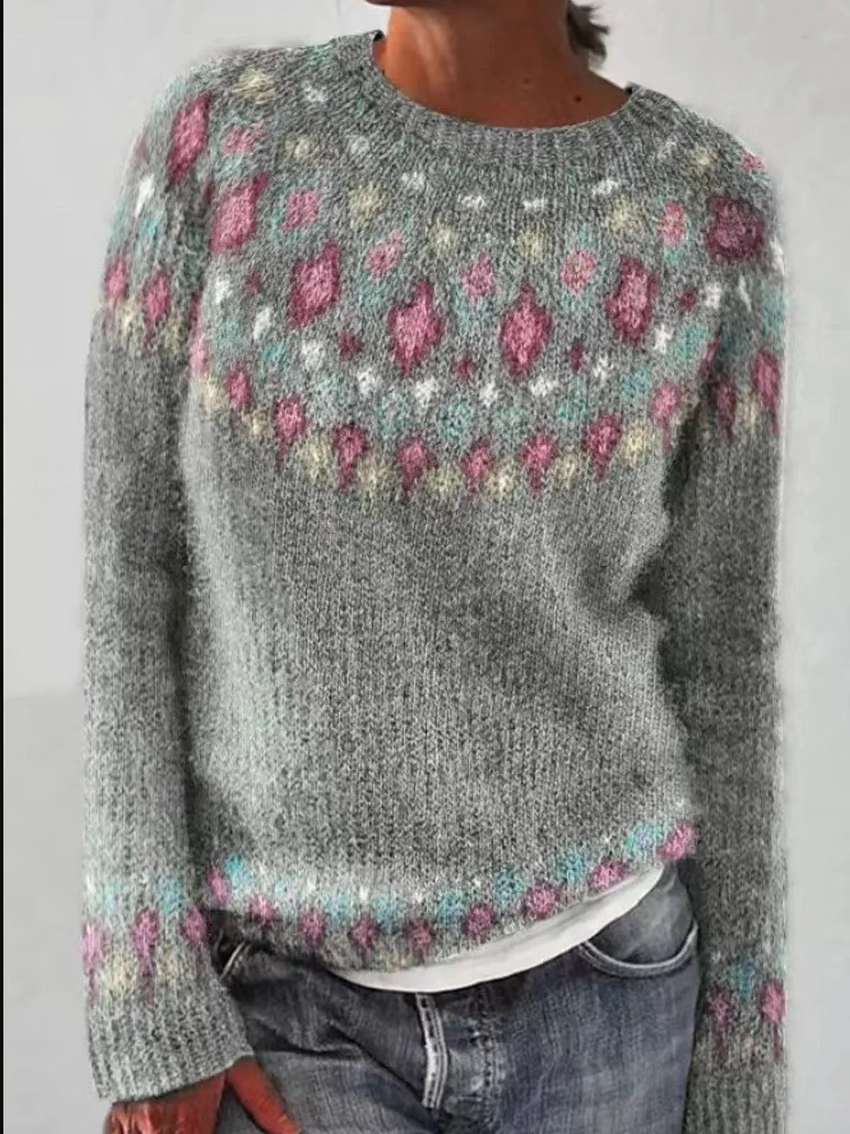 Casual Ethnic Crew Neck Yarn/Wool Yarn Sweater