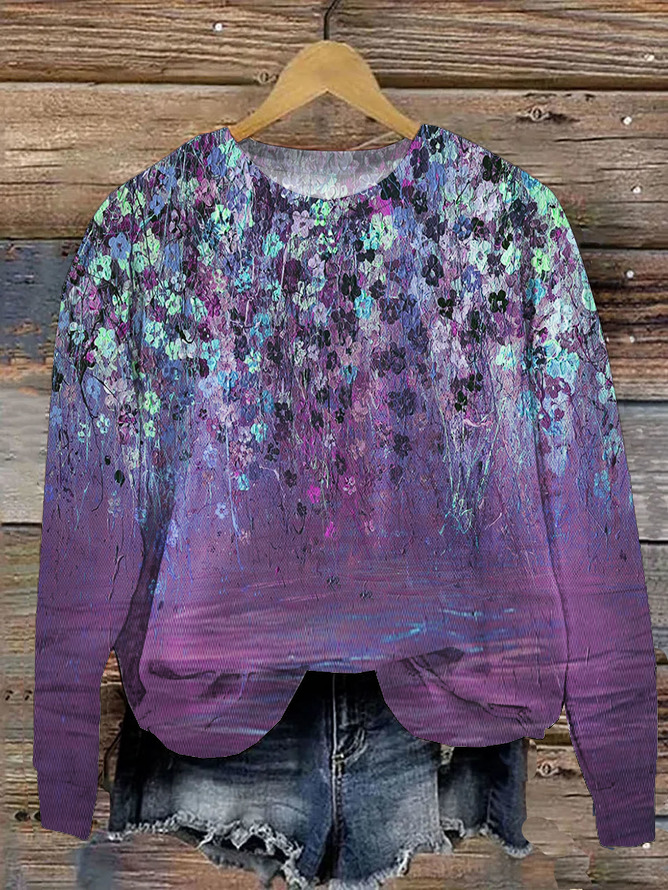 Alzheimer's Purple Flower Print Round Neck Sweatshirt