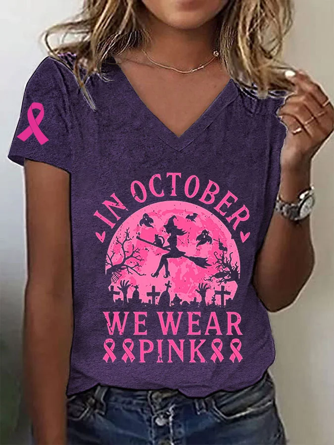 Women's In October We Wear Pink Breast Cancer Awareness Witch Pink Ribbon Print T-Shirt