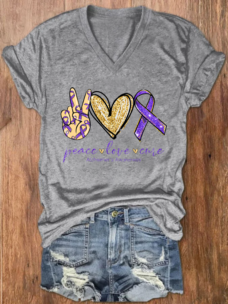 Peace Love Cure, Purple Ribbon Heart, Alzheimer's Awareness Crew Neck Casual Floral Loose T-Shirt