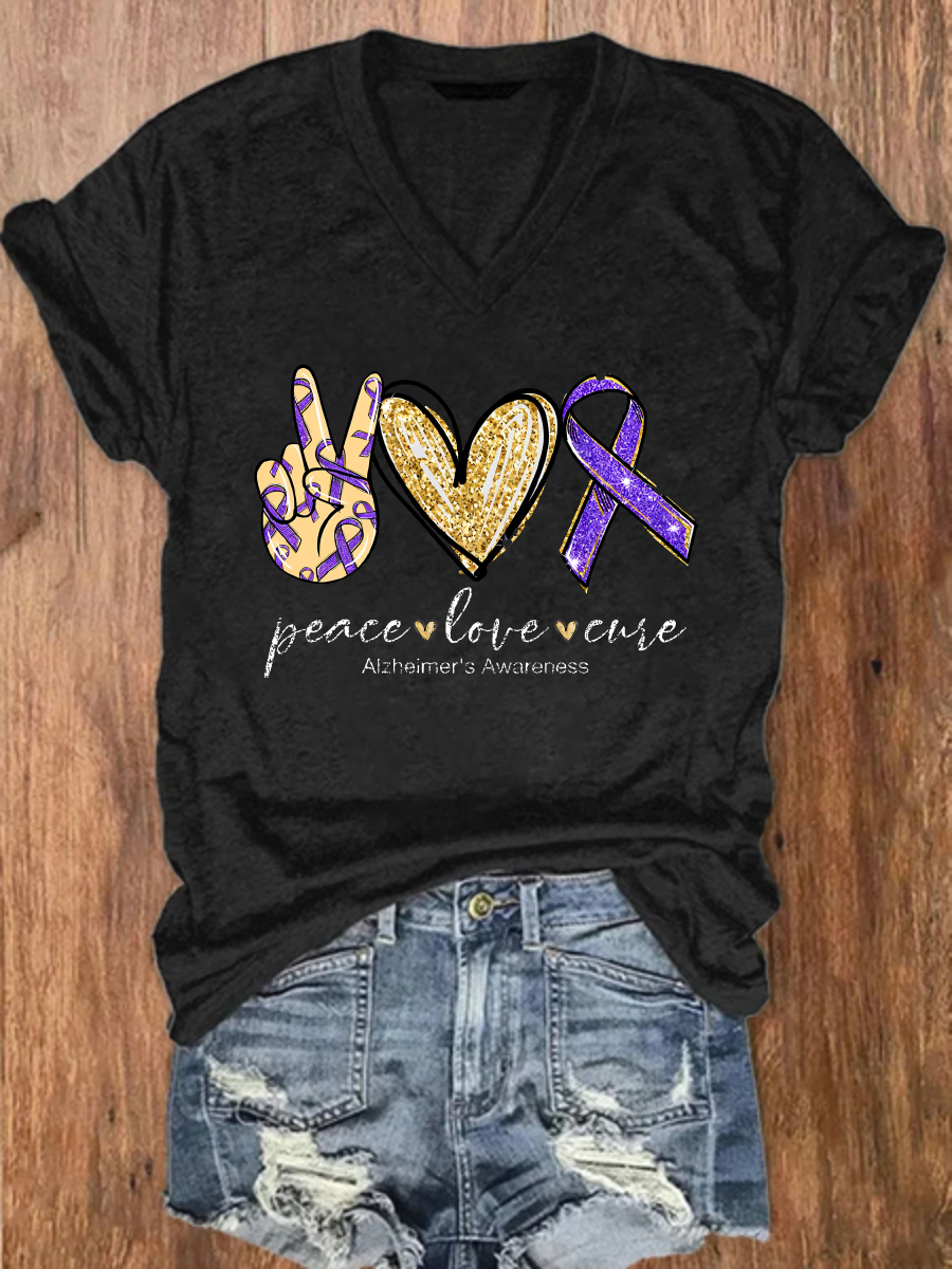 Peace Love Cure, Purple Ribbon Heart, Alzheimer's Awareness Crew Neck Casual Floral Loose T-Shirt