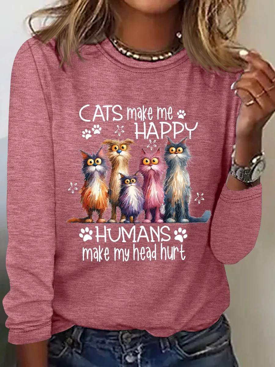 Cats Make Me Happy Humans Make My Head Hurt Casual Long Sleeve Shirt