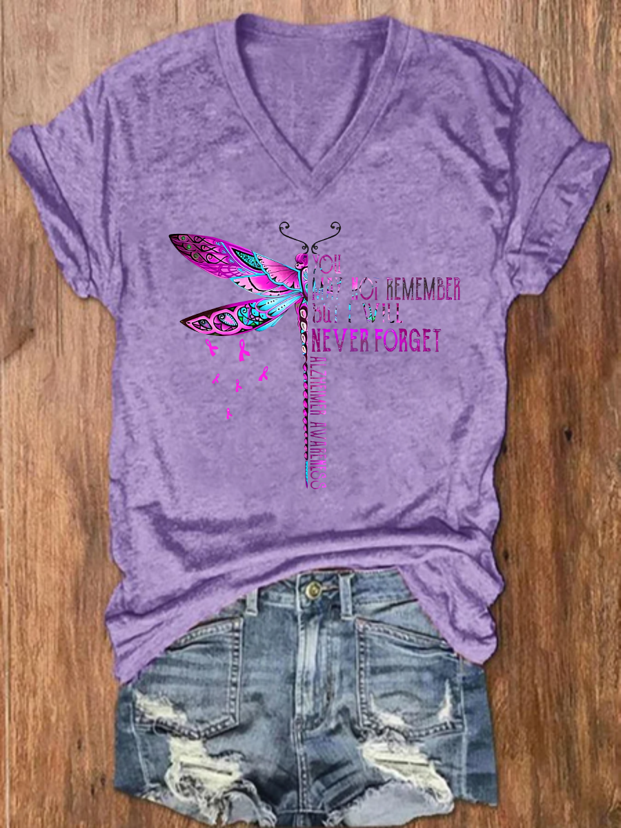 You May Not Remember But I Will Never Forget Dragonfly Alzheimer's Awareness Crew Neck Loose Casual Floral T-Shirt