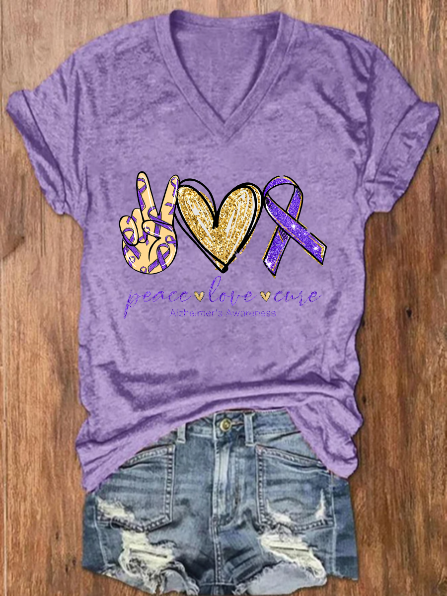 Peace Love Cure, Purple Ribbon Heart, Alzheimer's Awareness Crew Neck Casual Floral Loose T-Shirt