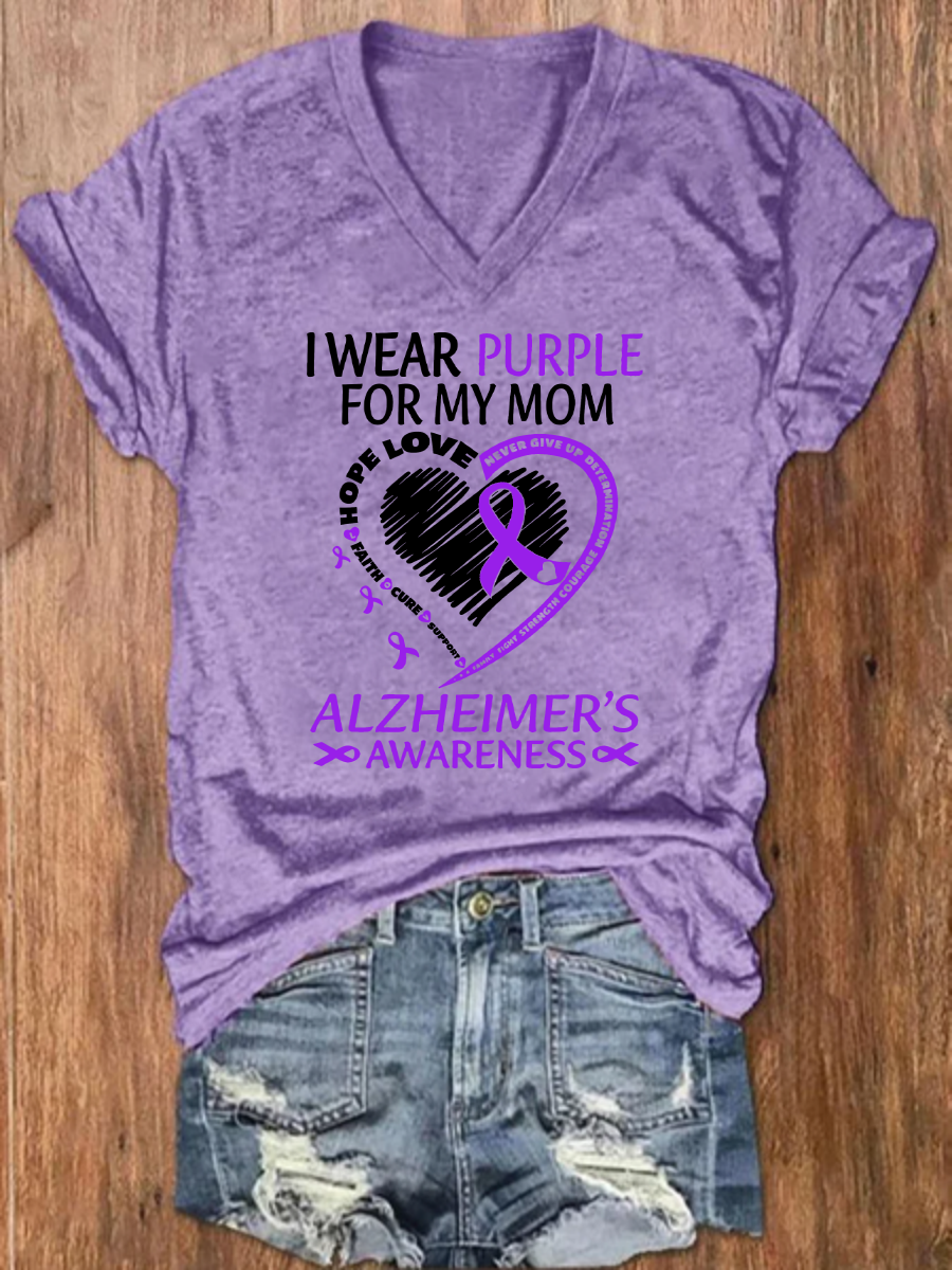 I Wear Purple For Mom With My Heart Alzheimer Floral Loose Simple Crew Neck T-Shirt