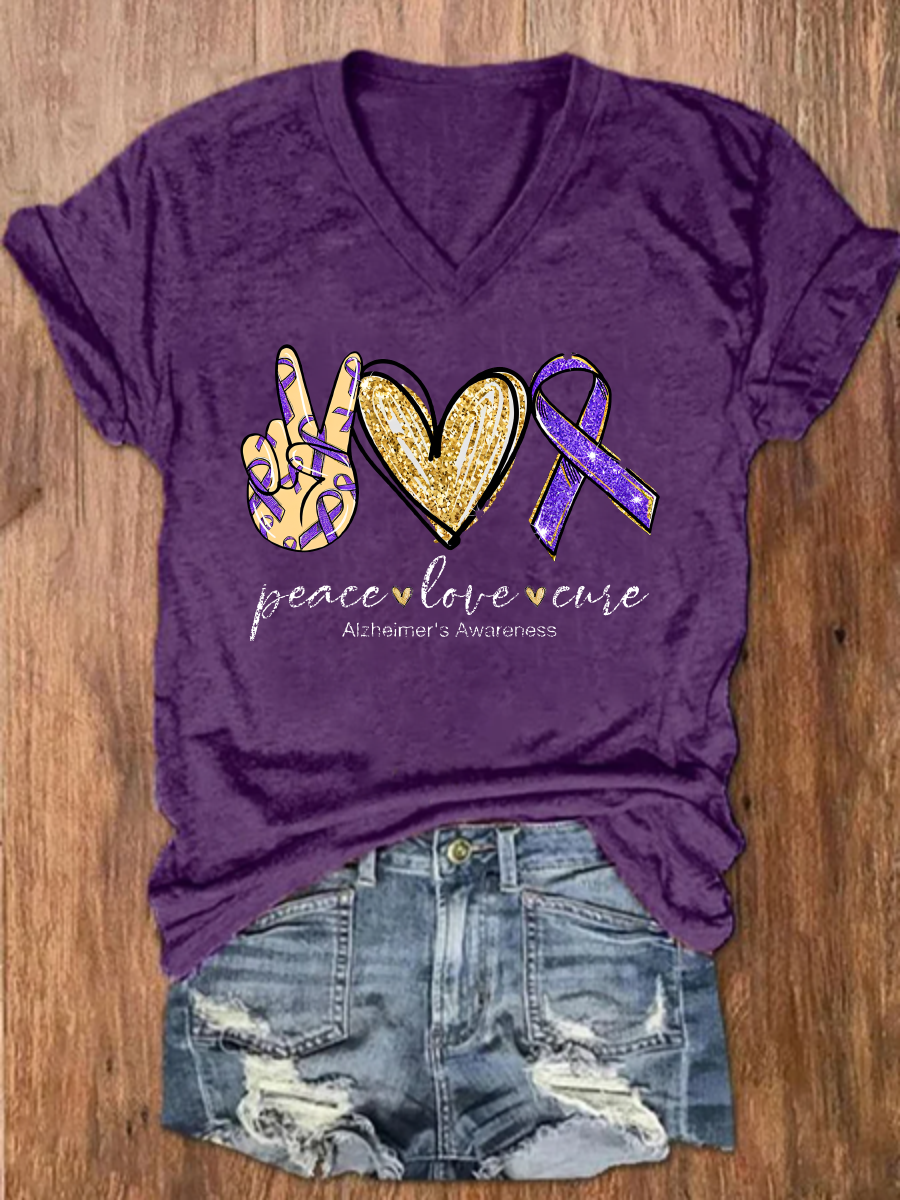 Peace Love Cure, Purple Ribbon Heart, Alzheimer's Awareness Crew Neck Casual Floral Loose T-Shirt