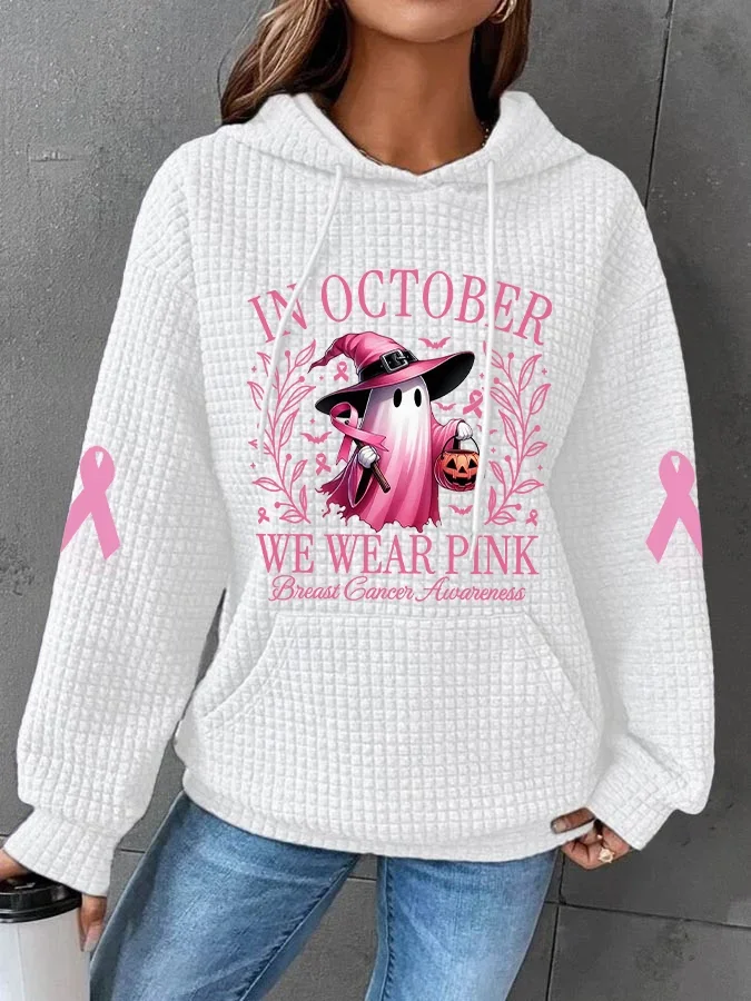 Women's In October We Wear Pink Halloween Ghost Breast Cancer Awareness Warrior Waffle Hoodie