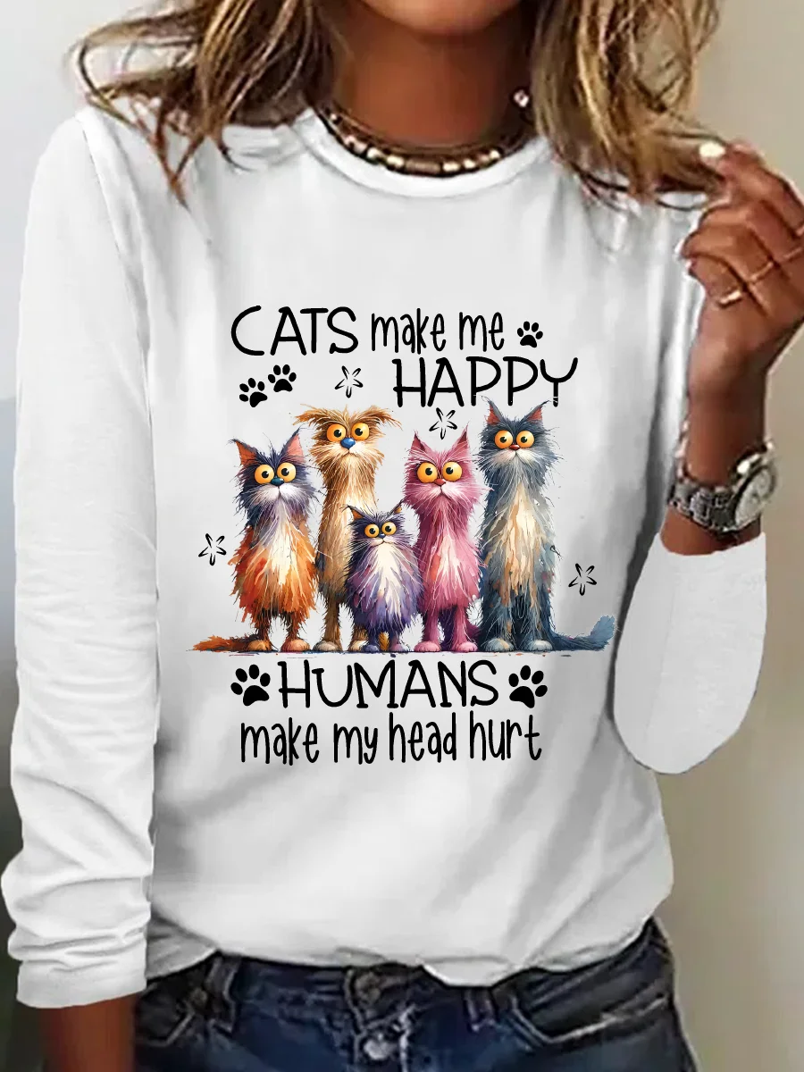 Cats Make Me Happy Humans Make My Head Hurt Casual Long Sleeve Shirt